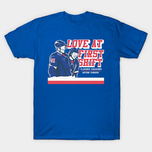 Vladimir Tarasenko & Artemi Panarin Love At First Shift T-Shirt by stevenmsparks